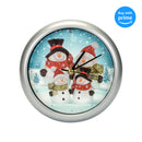 Snowman Family Winter Wonderland Round Silvertone Framed 8 Inch Musical Wall Clock