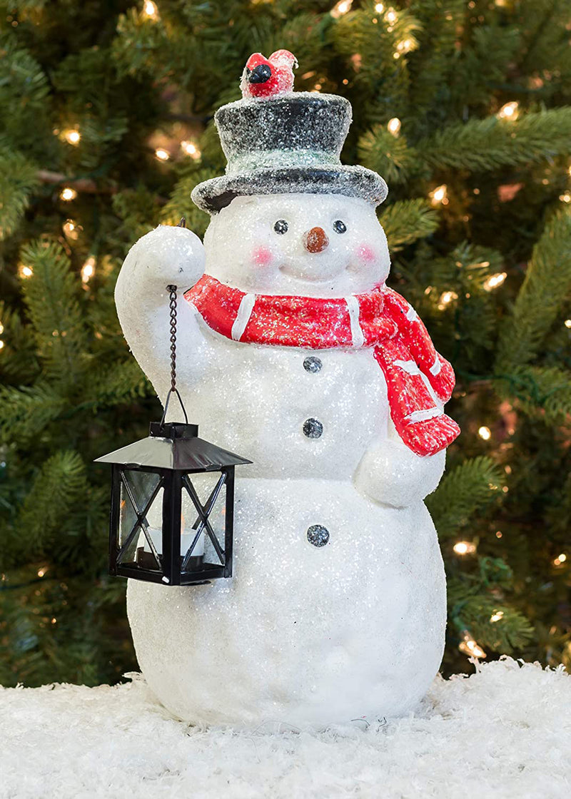 Mark Feldstein & Associates Snowman with Lantern LED Light Up 17 Inch Resin Stone Door Greeter Figurine (Sparkle)