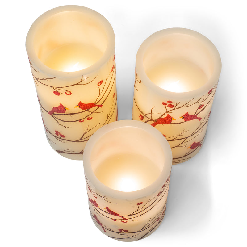 Flameless LED Glitter Berries and Cardinals Wax Pillar Candles with Timer, 3pc Set