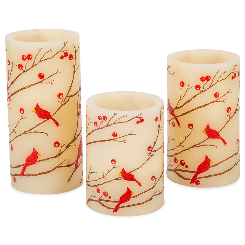 Flameless LED Glitter Berries and Cardinals Wax Pillar Candles with Timer, 3pc Set