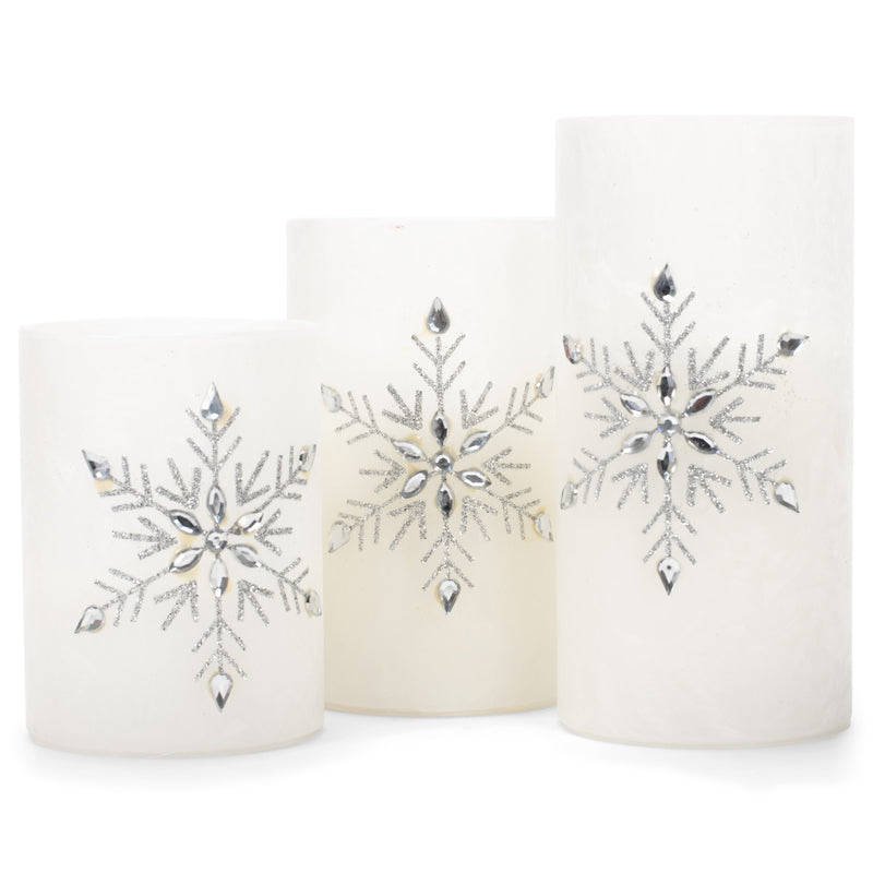 Mark Feldstein & Associates Jeweled Snowflake Iced Glass Flameless Pillar Candles Assorted Set of 3