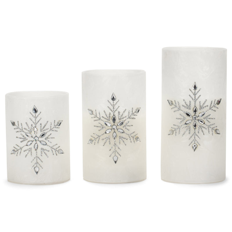 Mark Feldstein & Associates Jeweled Snowflake Iced Glass Flameless Pillar Candles Assorted Set of 3