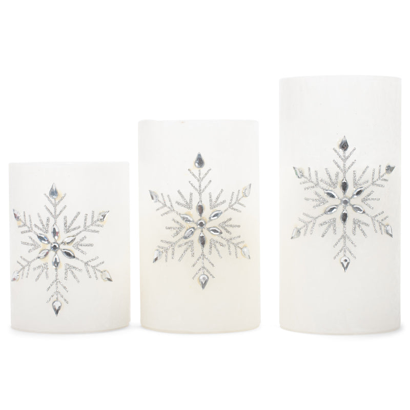 Mark Feldstein & Associates Jeweled Snowflake Iced Glass Flameless Pillar Candles Assorted Set of 3