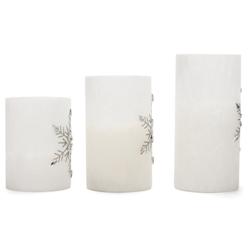 Mark Feldstein & Associates Jeweled Snowflake Iced Glass Flameless Pillar Candles Assorted Set of 3