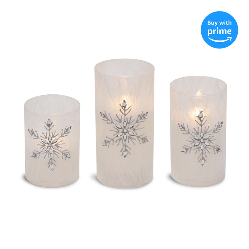 Mark Feldstein & Associates Jeweled Snowflake Iced Glass Flameless Pillar Candles Assorted Set of 3