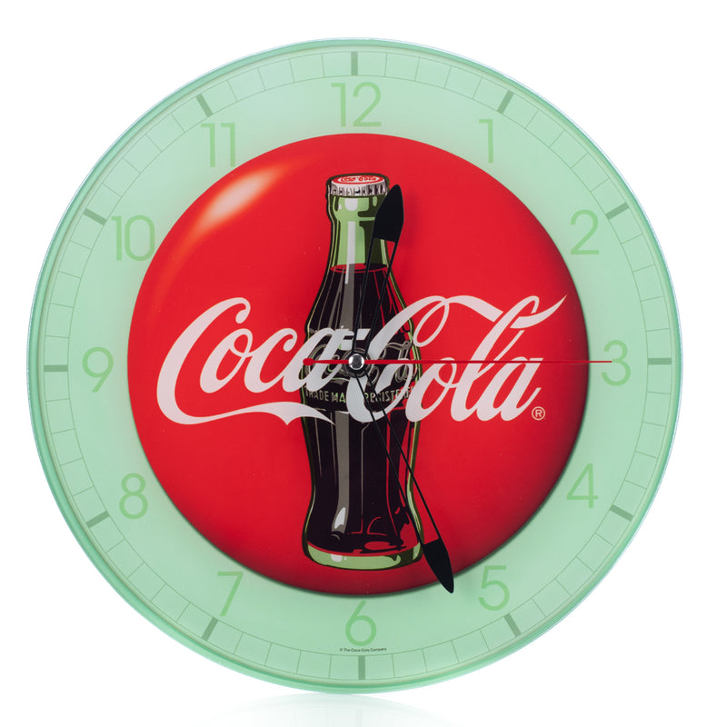 Mark Feldstein & Associates Coca Cola Bottle Round Vintage Red Button Logo 12 x 12 Glass Wall Clock