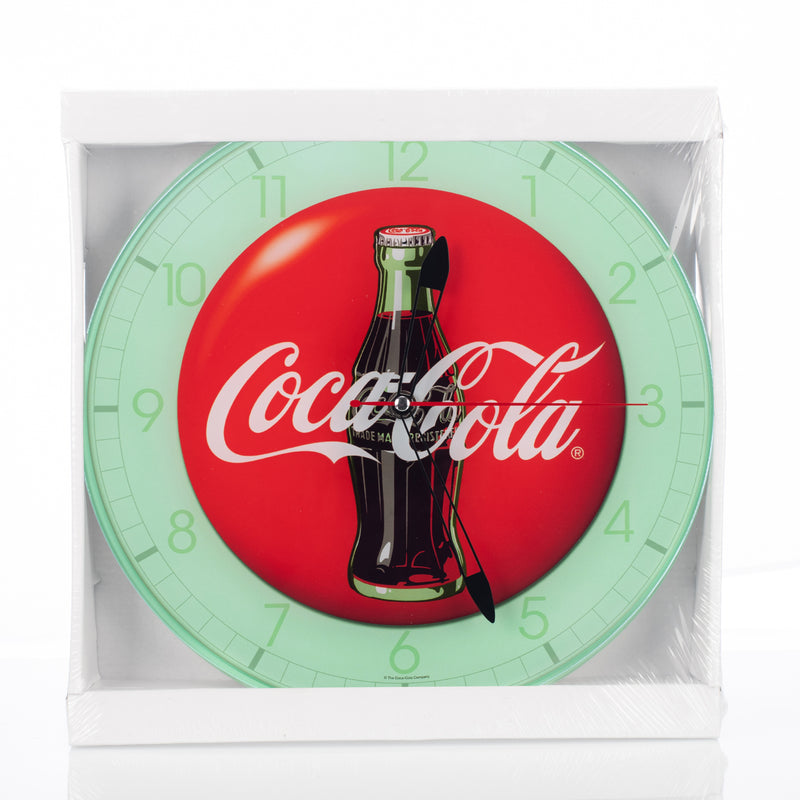 Mark Feldstein & Associates Coca Cola Bottle Round Vintage Red Button Logo 12 x 12 Glass Wall Clock