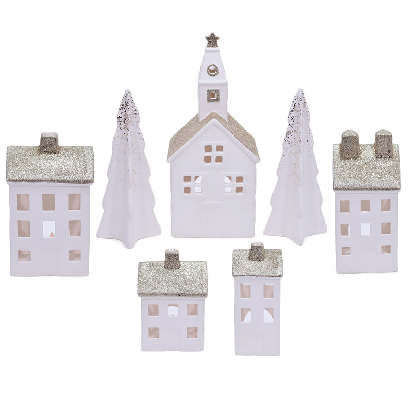 Mark Feldstein & Associates Village White Glitter 12 inch Porcelain LED Holiday Figurines 9 Piece Set