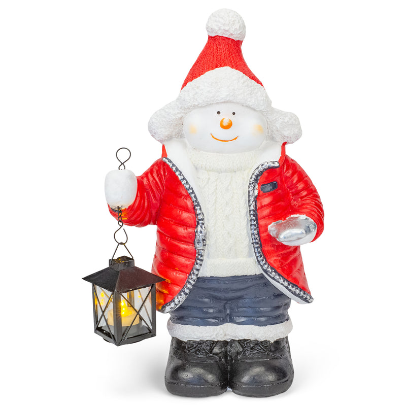 Mark Feldstein & Associates Snuggly Snowman Holding Lantern Rosy Red 17 inch Resin Stone Holiday Door Greeter Figurine