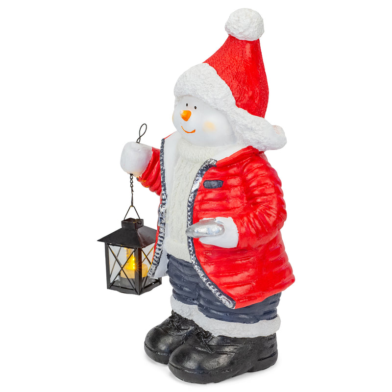 Mark Feldstein & Associates Snuggly Snowman Holding Lantern Rosy Red 17 inch Resin Stone Holiday Door Greeter Figurine