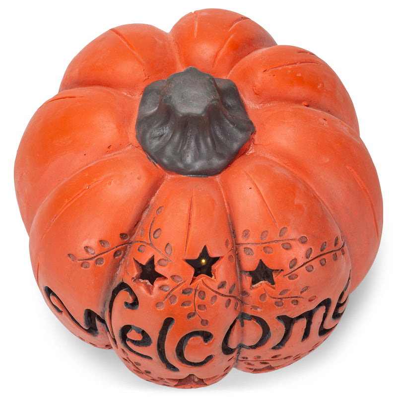 Mark Feldstein & Associates Welcome Pumpkin Lighted Orange and Black 14 inch Resin Stone Harvest Figurine