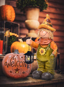 Mark Feldstein & Associates Welcome Pumpkin Lighted Orange and Black 14 inch Resin Stone Harvest Figurine