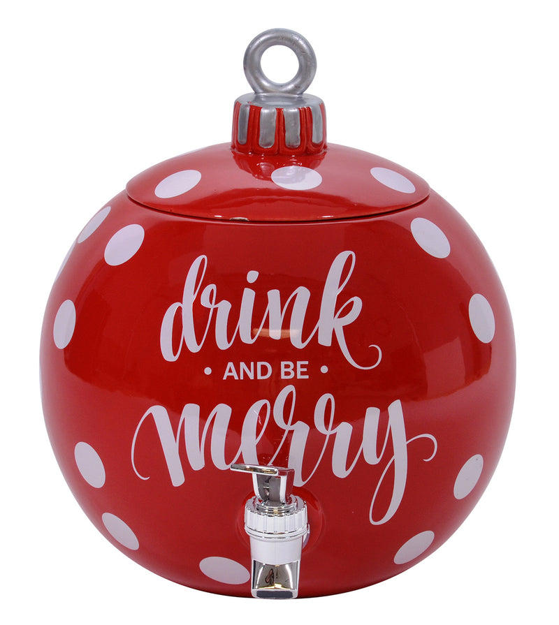 Drink and Be Merry Ball Ornament Rosy Red 11 x 11 Dolomite Ceramic Holiday Beverage Dispenser