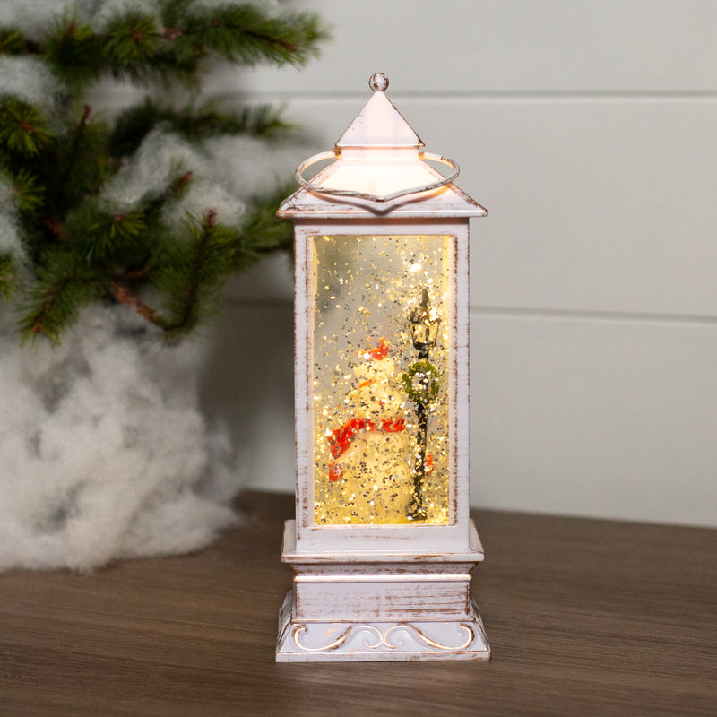 Mark Feldstein & Associates Snowman with Lampost Glitter White 11 x 4 Resin Stone Holiday Candle Lantern