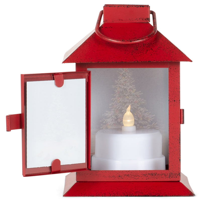 Mark Feldstein & Associates Wild Wings Christmas Tree LED Light Up Red 4 x 6 Inch Metal Decorative Coach Lantern