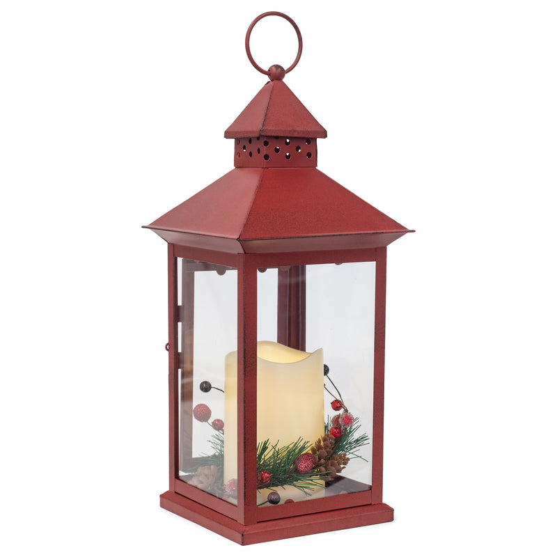 Mark Feldstein & Associates Red Holly Berry and Pine Look Distressed 13.5 Inch Metal Decorative Hanging Lantern