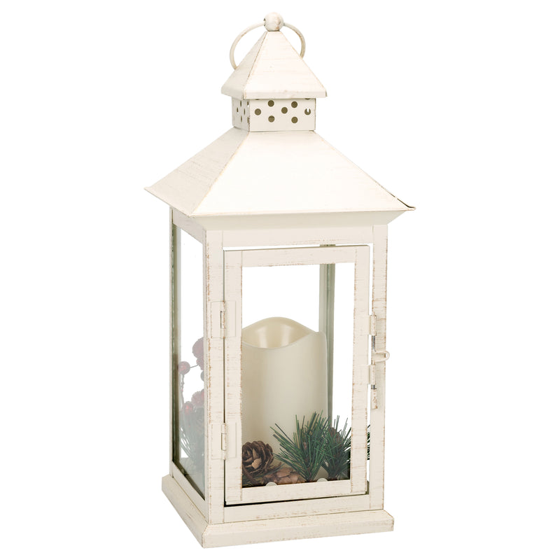 Holly Berry and Pine Look White Distressed 13.5 Inch Metal Decorative Hanging Lantern