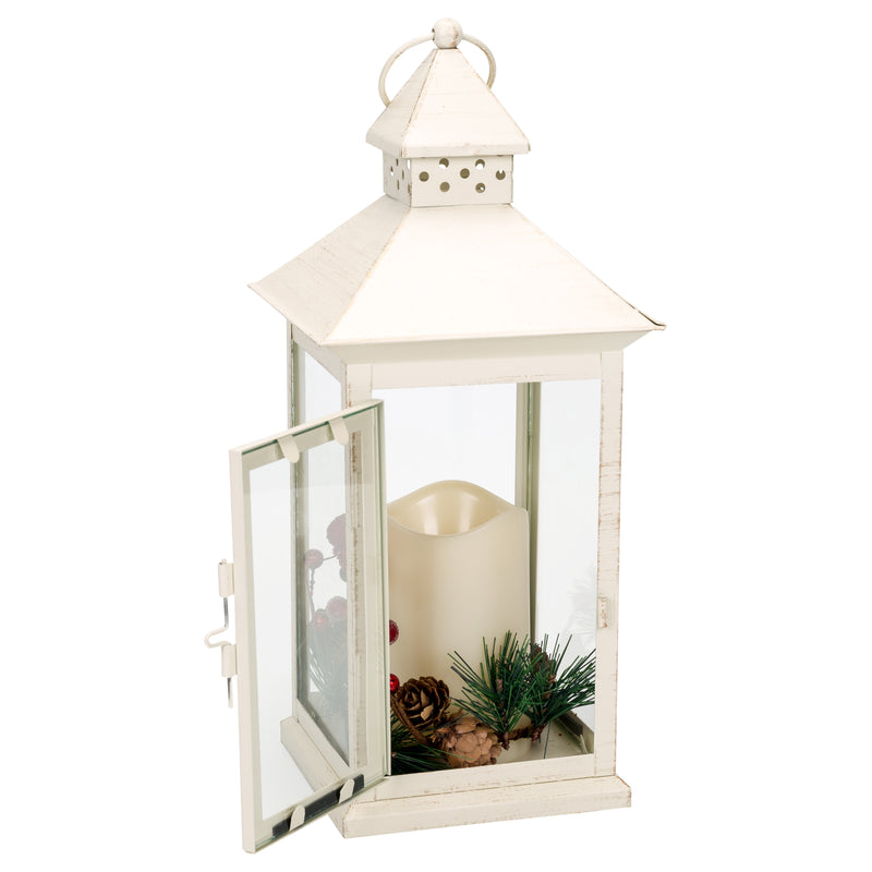 Holly Berry and Pine Look White Distressed 13.5 Inch Metal Decorative Hanging Lantern