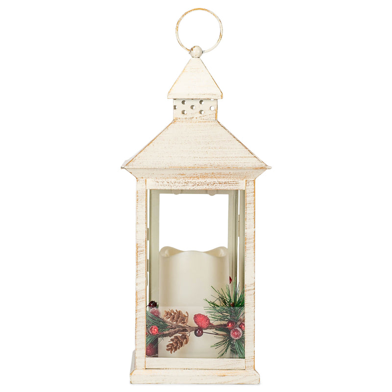 Holly Berry and Pine Look White Distressed 13.5 Inch Metal Decorative Hanging Lantern