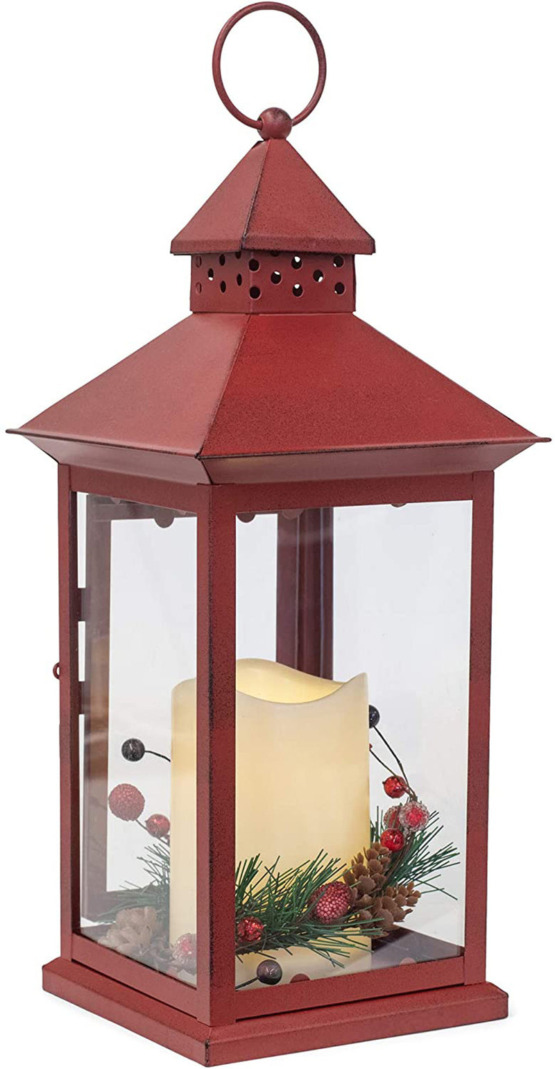 Mark Feldstein & Associates Red Holly Berry and Pine Look Distressed 13.5 Inch Metal Decorative Hanging Lantern