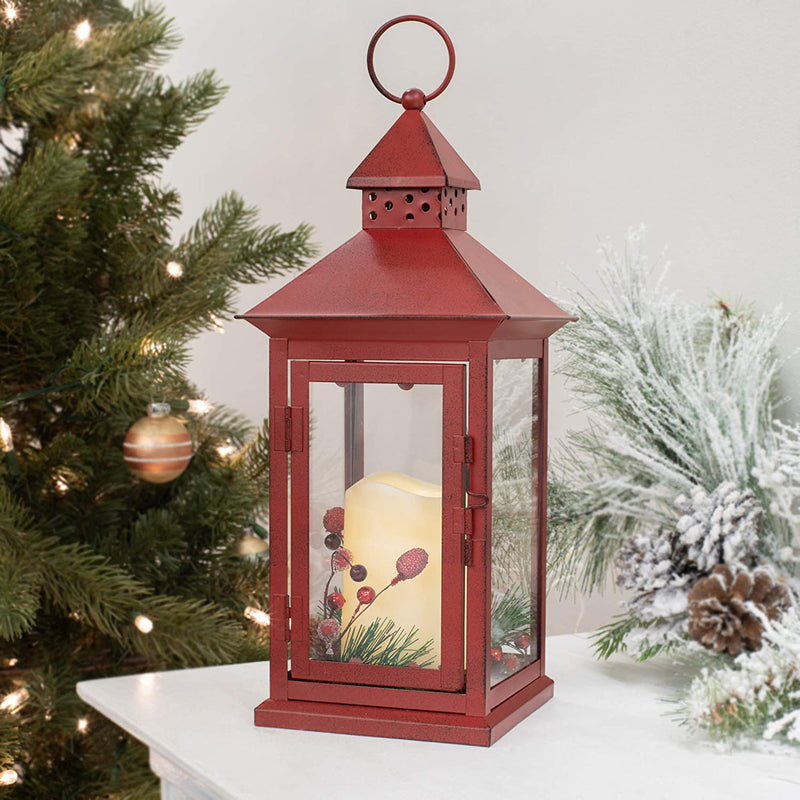 Mark Feldstein & Associates Red Holly Berry and Pine Look Distressed 13.5 Inch Metal Decorative Hanging Lantern