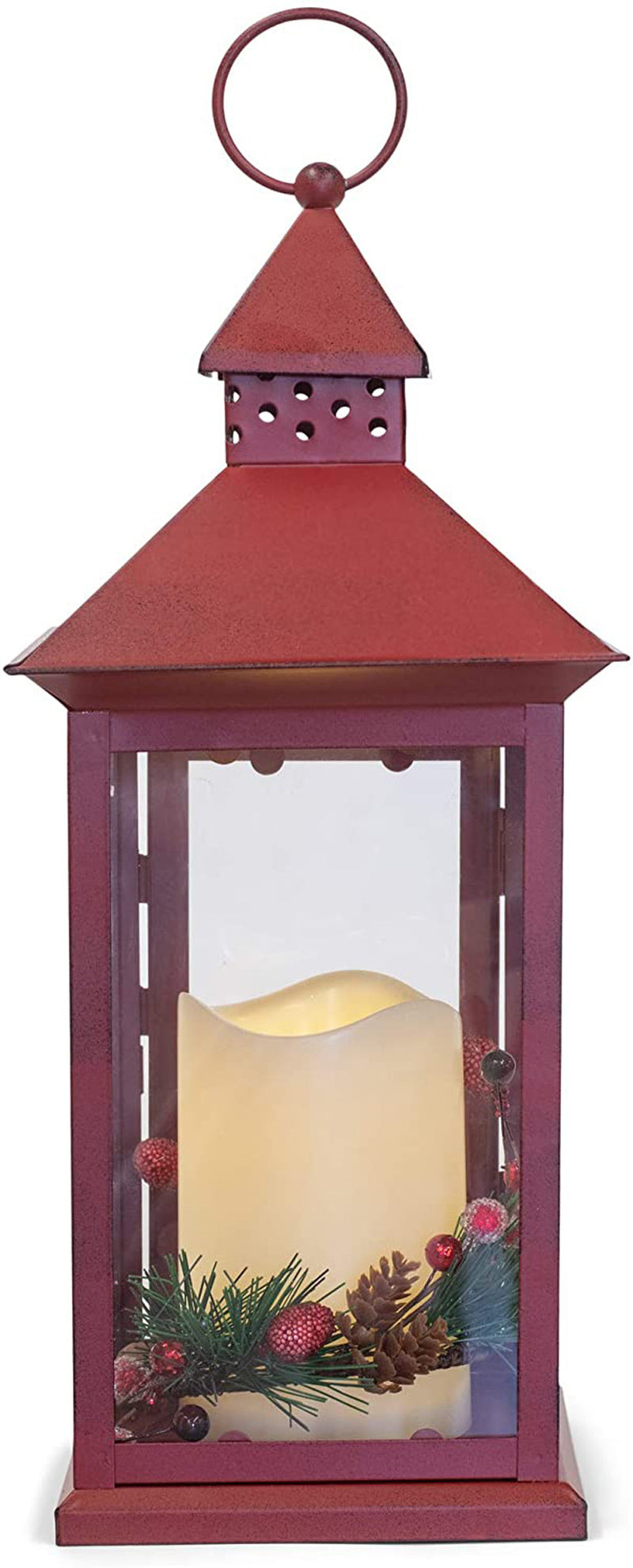 Mark Feldstein & Associates Red Holly Berry and Pine Look Distressed 13.5 Inch Metal Decorative Hanging Lantern