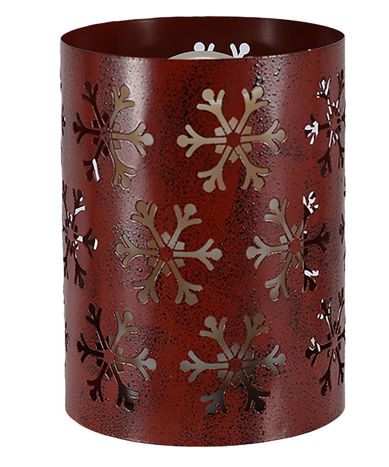 Mark Feldstein & Associates Snowflake Pillar Rosy Red 6 x 4 Iron Metal Christmas Flameless Candle Luminary