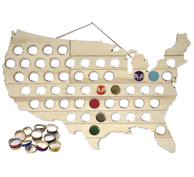 Mark Feldstein & Associates MBBCH Beer Bottle Cap Map USA Bottle Cap Map,Natural Wood,23.5 x 0.4 x 15"