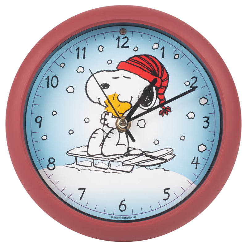 Mark Feldstein & Associates Peanuts Snoopy On Sled Linus and Lucy Sound Blue 8 x 8 Acrylic Holiday Clock
