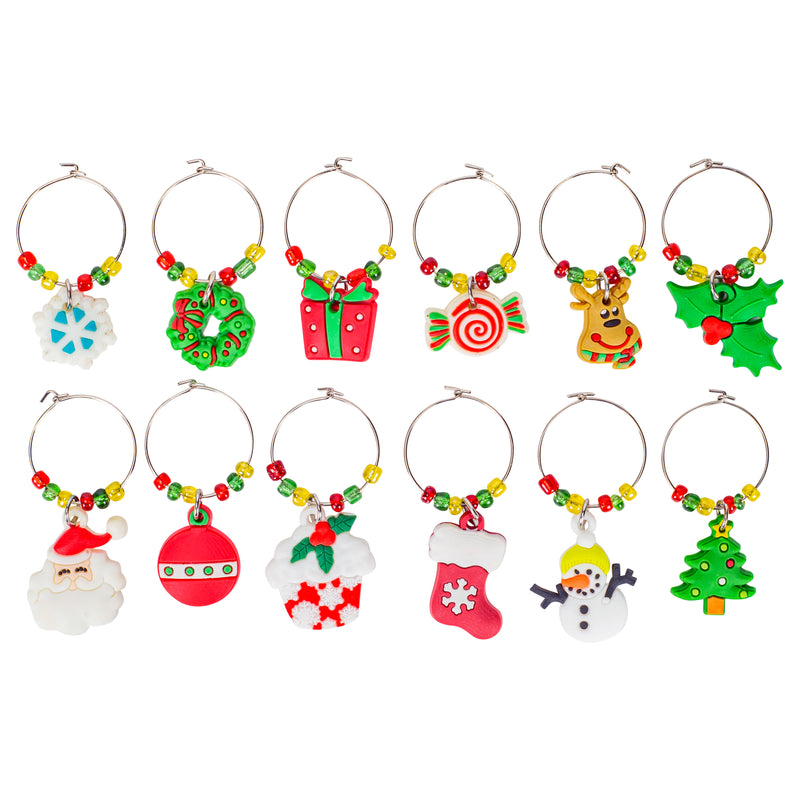 Reindeer Tree Silver Tone 13 x 9 Resin Stone Wine Glass Marker Charms Set of 12