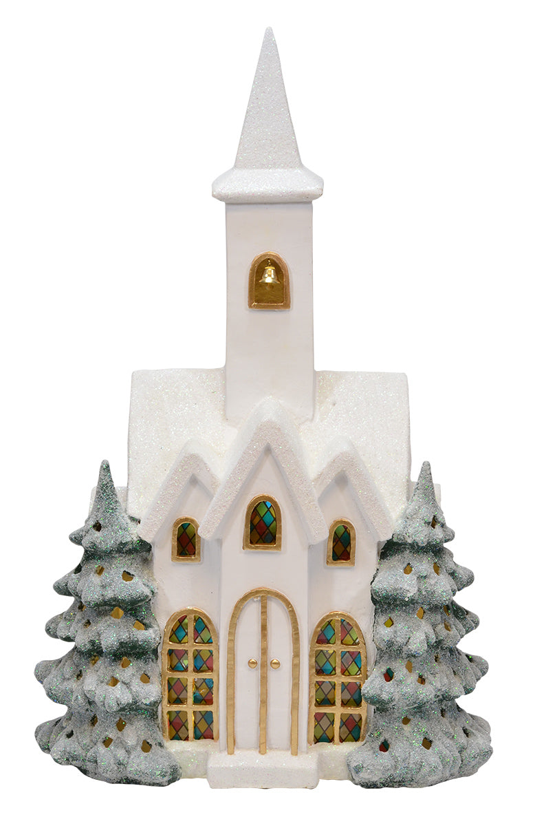 Mark Feldstein Snowy Church Winter White 22 x 13 Resin Stone and LED Holiday Figurine