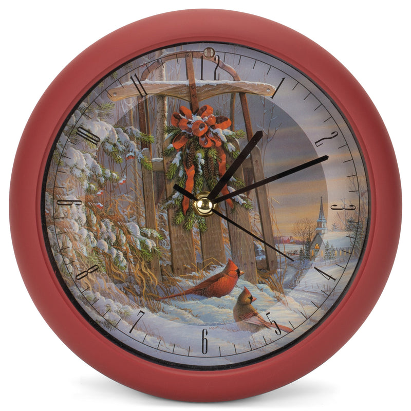 Mark Feldstein Wintertime Cardinal Song Rosy Red 8 x 8 Acrylic Holiday Hanging Wall Clock