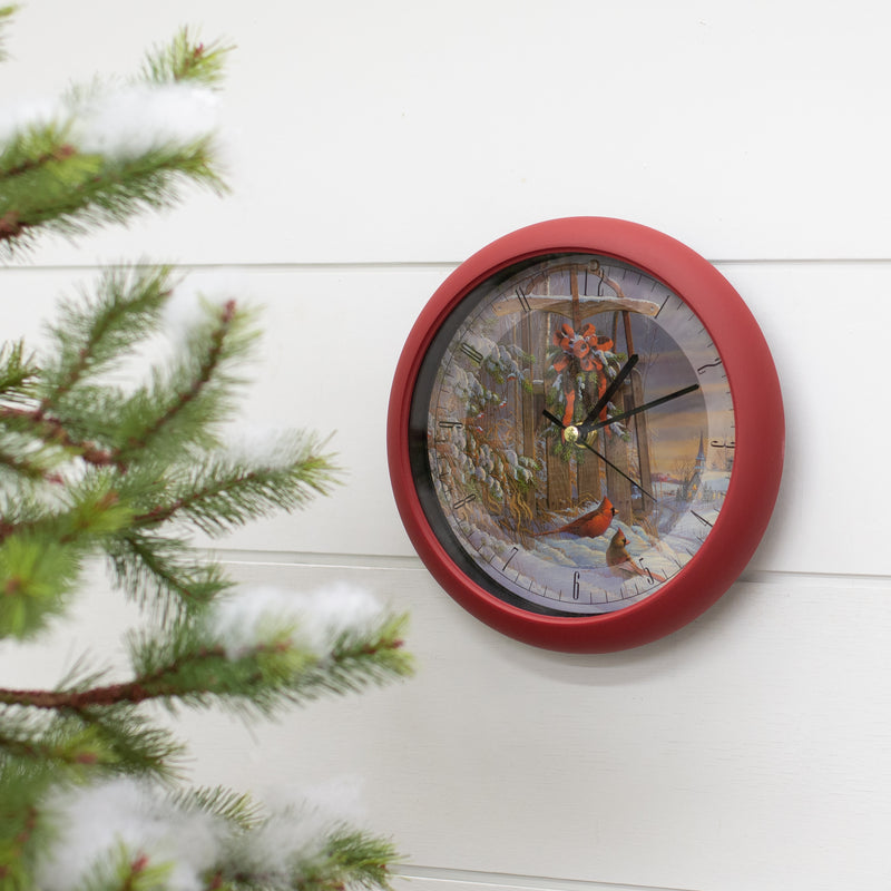 Mark Feldstein Wintertime Cardinal Song Rosy Red 8 x 8 Acrylic Holiday Hanging Wall Clock