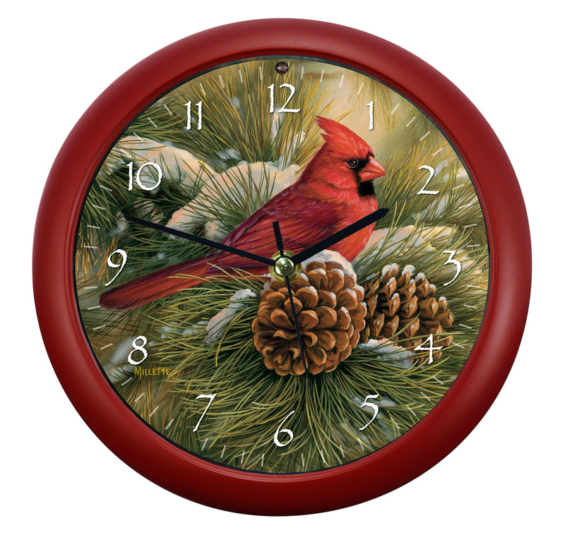 Mark Feldstein Wild Wings December Dawn Cardinal Round Red Frame 8 Inch Bird Sound Wall Clock
