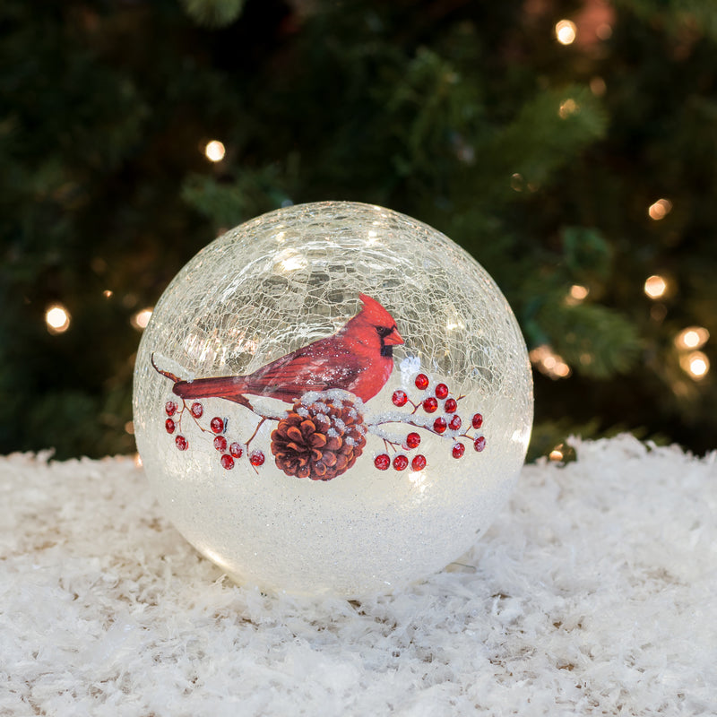 Mark Feldstein & Associates Cardinal on Pinecone Crackle Glass Small 6 Inch LED Light Up Globe Tabletop Decoration