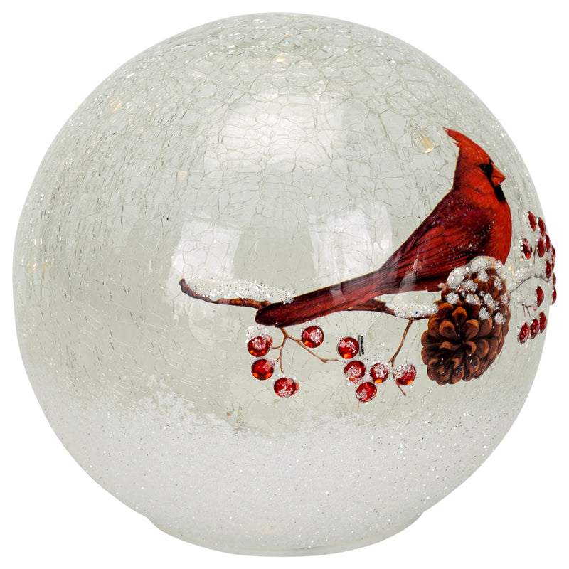 Mark Feldstein & Associates Cardinal on Pinecone Crackle Glass Small 6 Inch LED Light Up Globe Tabletop Decoration