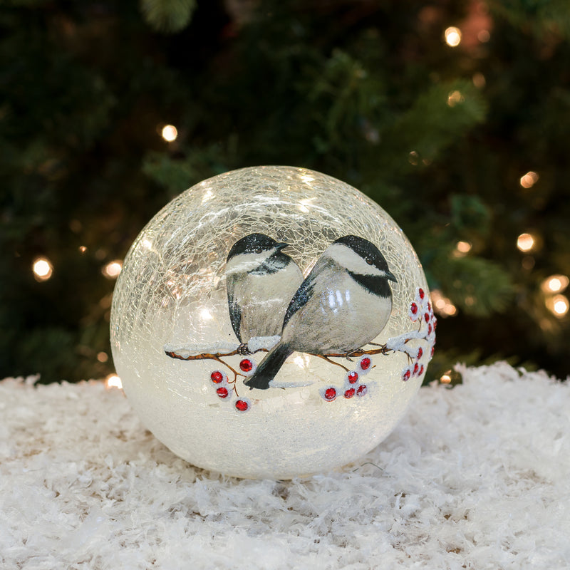 Mark Feldstein & Associates Chickadee Pair on Berry Branch LED Light Up Small 6 Inch Crackle Glass Globe Decoration