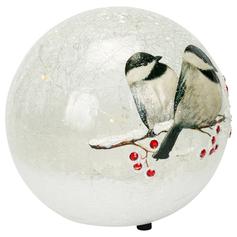 Mark Feldstein & Associates Chickadee Pair on Berry Branch LED Light Up Small 6 Inch Crackle Glass Globe Decoration