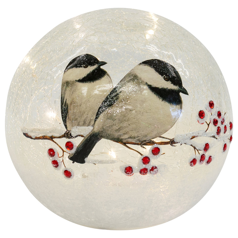 Mark Feldstein & Associates Chickadee Pair on Berry Branch LED Light Up Small 6 Inch Crackle Glass Globe Decoration