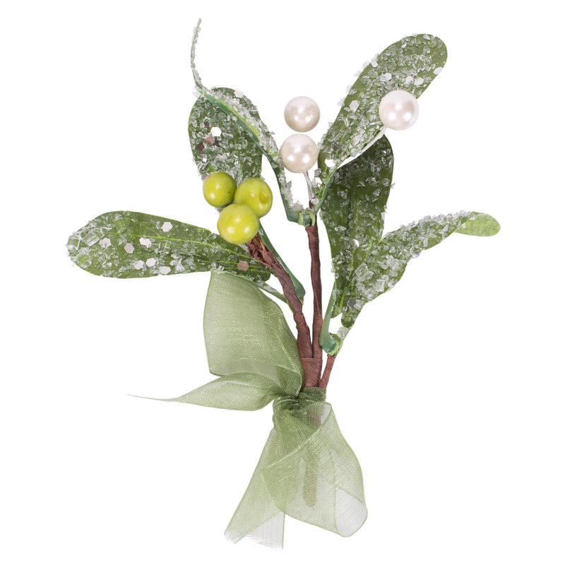 Front view of Petite Mistletoe Festive Green 5 inch Artificial Christmas Flower Sprig