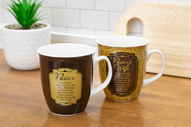 Pastor & Pastors Wife Filigree Medallion 16 Ounce Stoneware Coffee Mugs Boxed Set of 2