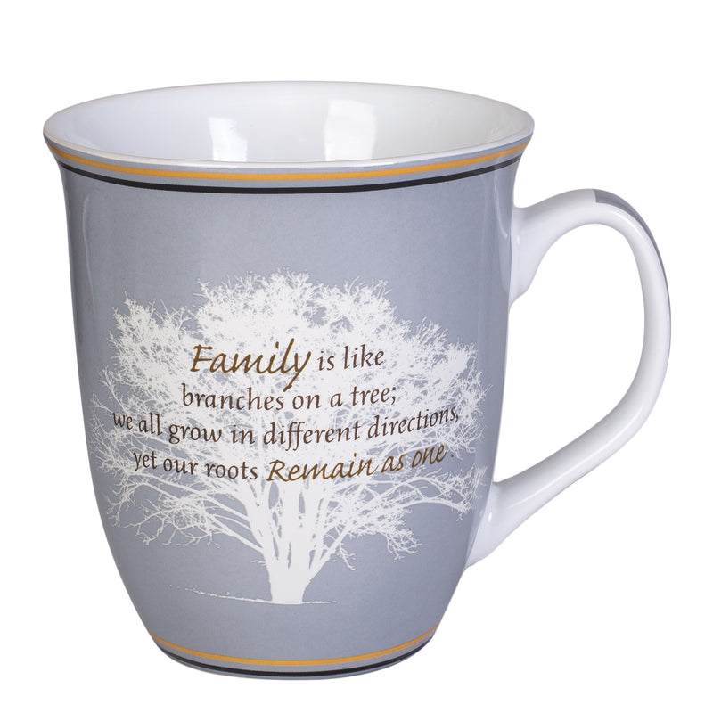 Front view of "Family is like branches on a tree; we all grow in different directions yet our roots remain as one" Coffee Mug