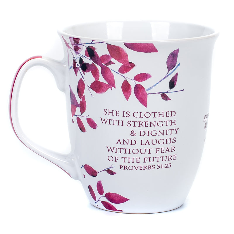 Proverbs 31 Woman Pink White Leaves 16 Ounce Ceramic Stoneware Coffee Mug (1)