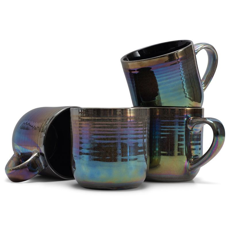 Elanze Designs Black Glossy Iridescent Rainbow Reactive Glaze 17 ounce Stoneware Coffee Cup Mugs Set of 4