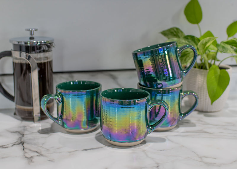 Elanze Designs Emerald Green Glossy Iridescent Rainbow Reactive Glaze 17 ounce Stoneware Coffee Cup Mugs Set of 4