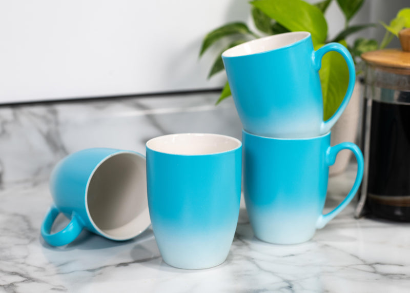Blue White Two Toned Ombre Matte 10 ounce Ceramic Stoneware Coffee Cup Mugs Set of 4