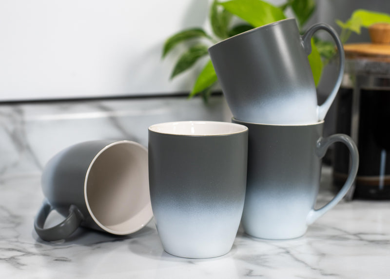 Grey White Two Toned Ombre Matte 10 ounce Ceramic Stoneware Coffee Cup Mugs Set of 4