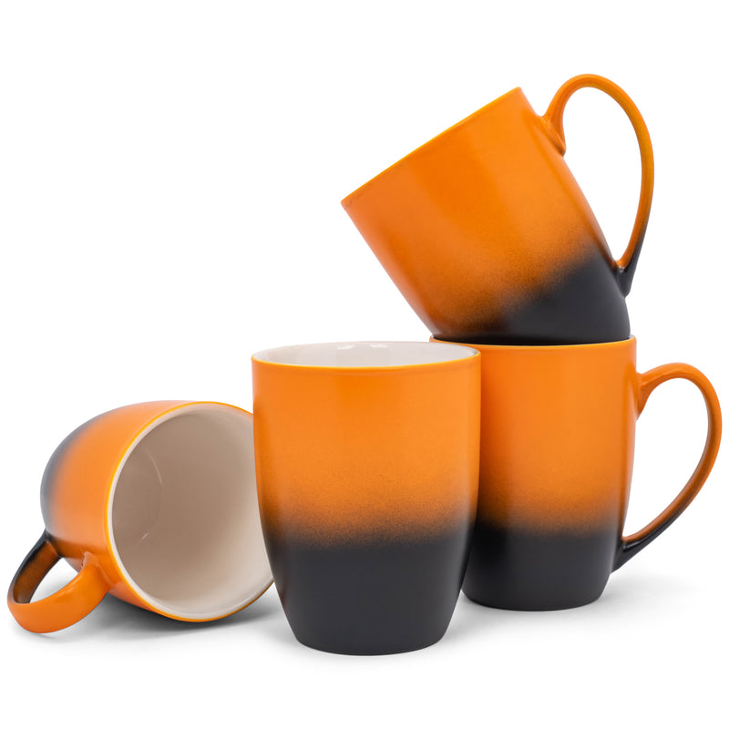 Orange Black Two Toned Ombre Matte 10 ounce Ceramic Stoneware Coffee Cup Mugs Set of 4