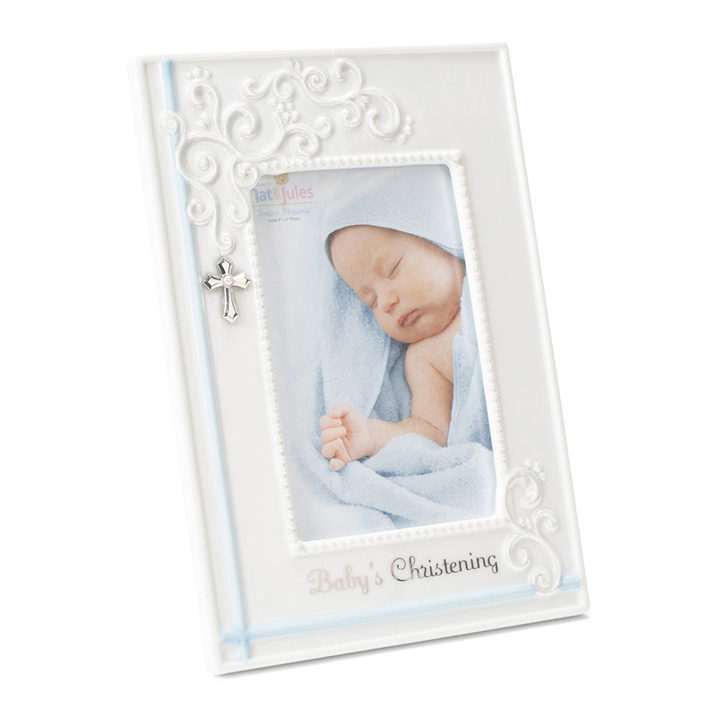 DEMDACO Blue Baby's Christening 9.75 x 9.5 Porcelain Picture Frame