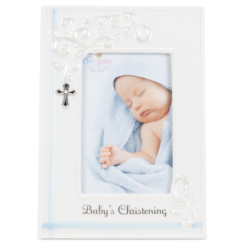 DEMDACO Blue Babys Christening 9.75 x 9.5 Porcelain Picture Frame